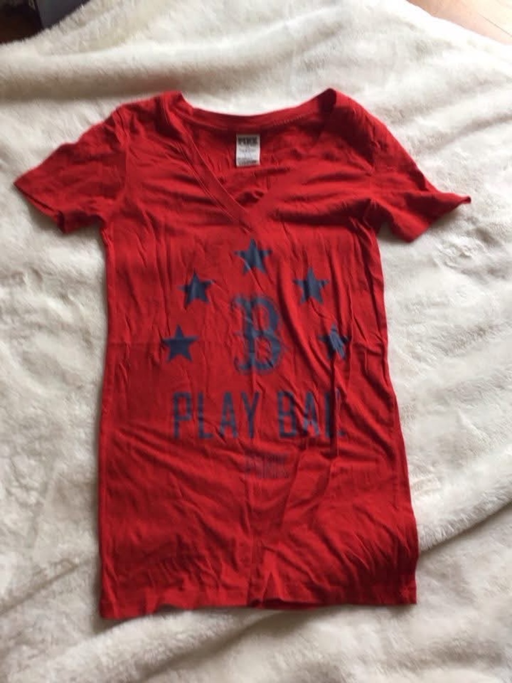 PINK Victoria's Secret Boston Red V‑Neck 'Play Ball' Tee with Navy Print